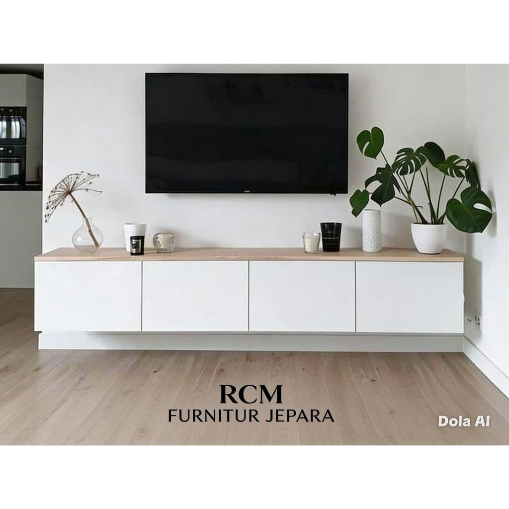 Meja TV Gantung Minimalis Kayu Mahoni Solid Natural Pintu Putih