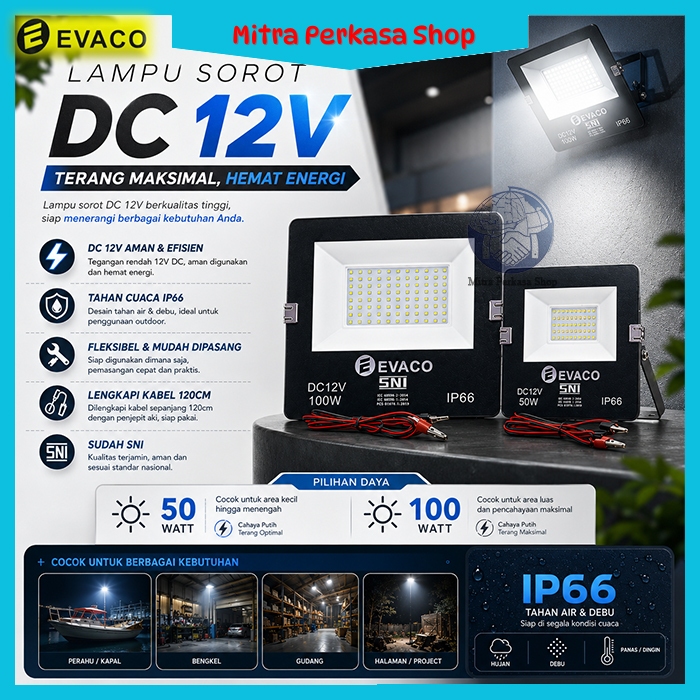 Lampu Sorot LED DC 50 Watt 100 Watt Putih / Lampu Tembak Putih LED IP66 50 Watt 100 Watt / Lampu Sor