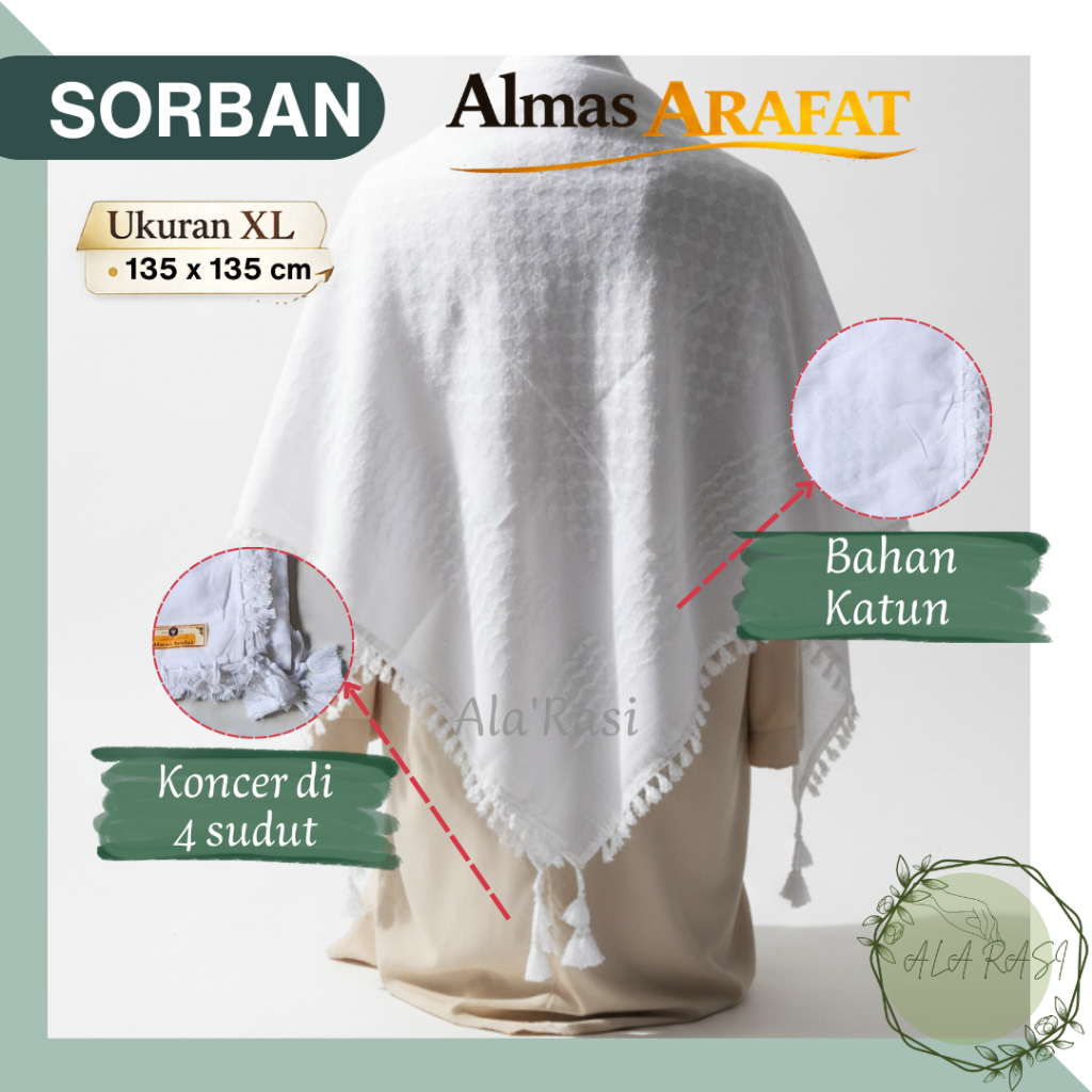 Sorban Almas Arafat Putih Koncer Rumbai XL PERSEGI Pria Surban Haji Umroh Pria Dewasa Sorban Imam Se