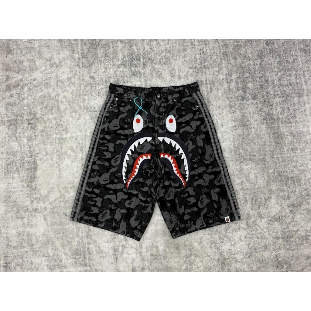 A Bathing Ape x Adidas Originals Camo Jacquard Shark Denim Jorts 'Black'