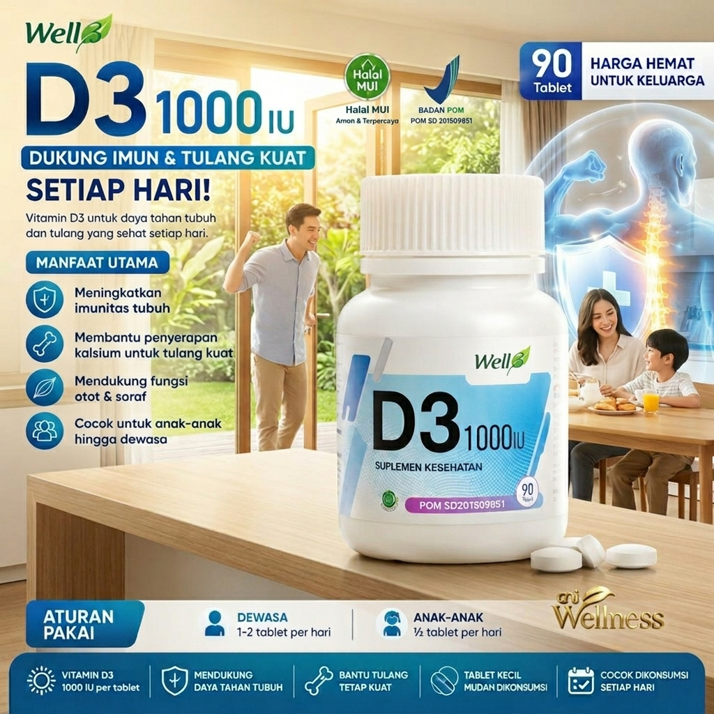 Well3 D3 1000 IU – Vitamin D3 untuk Imunitas & Tulang | 90 Tablet | BPOM & Halal MUI