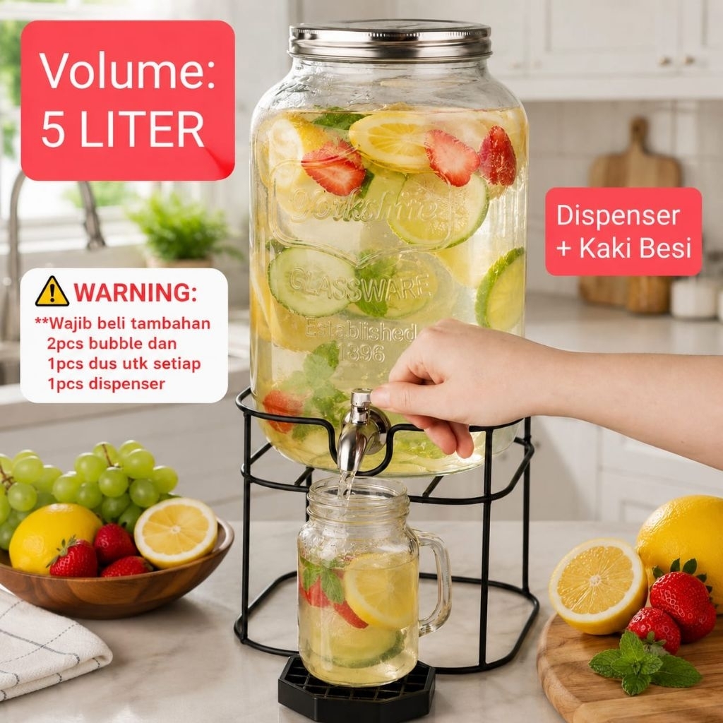 DISPENSER KACA Kran 5L/ Dispenser Kaca + Dudukan/ Glass Water Jug/ Water Tank