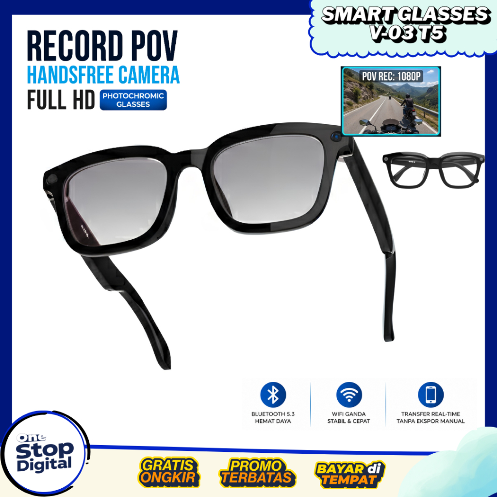 Smart Glasses V03 T5 – Kacamata Kamera HD 1080P POV Rekam Video Riding Traveling Bluetooth