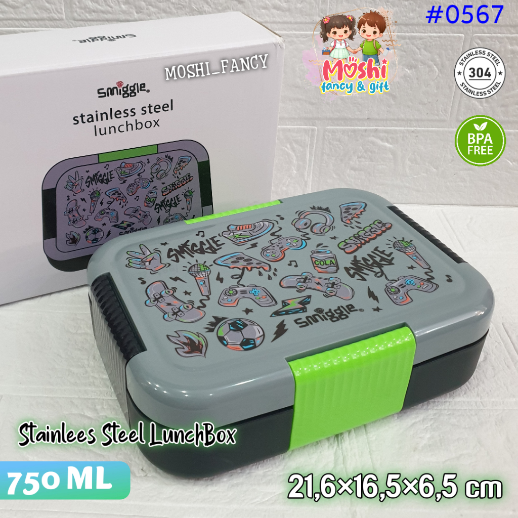 Lunch Box Stainless Smiggle Black / Kotak Makan Sekat Stainless Motif Karakter Anak Laki - Laki / Be