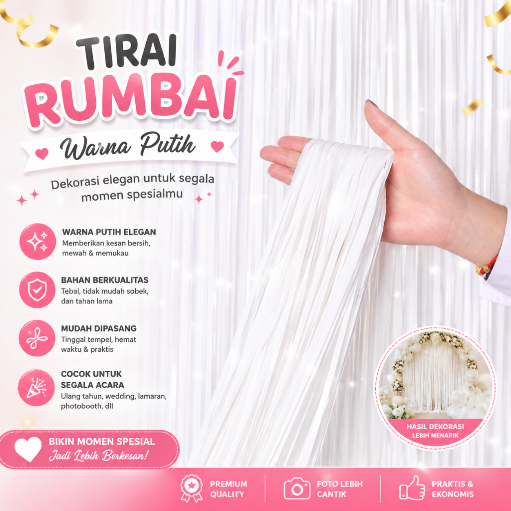 Tirai Rumbai warna Putih 1x2m dekorasi ulang tahun