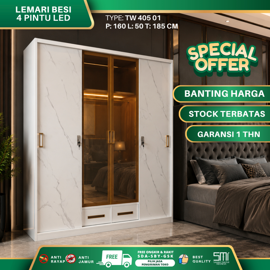 ASENCIO - Lemari Pakaian Besi 4 Pintu LED, Lemari Besi Anti Rayap Anti Jamur, Lemari Baju Besi