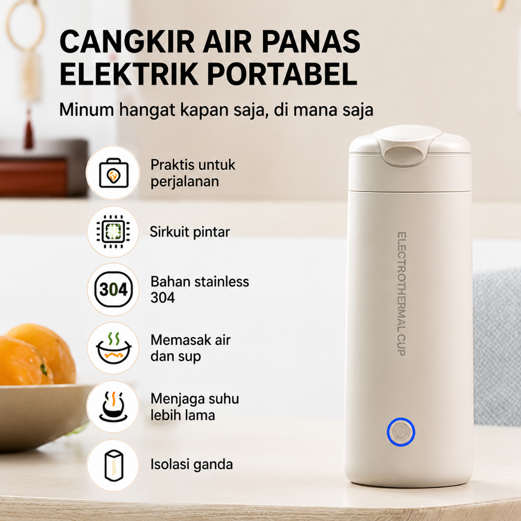 Gelas Pemanas Elektrik Mini Portable, Cangkir Pemanas Air & Ketel Rebus Otomatis 2in1, Botol Travel 