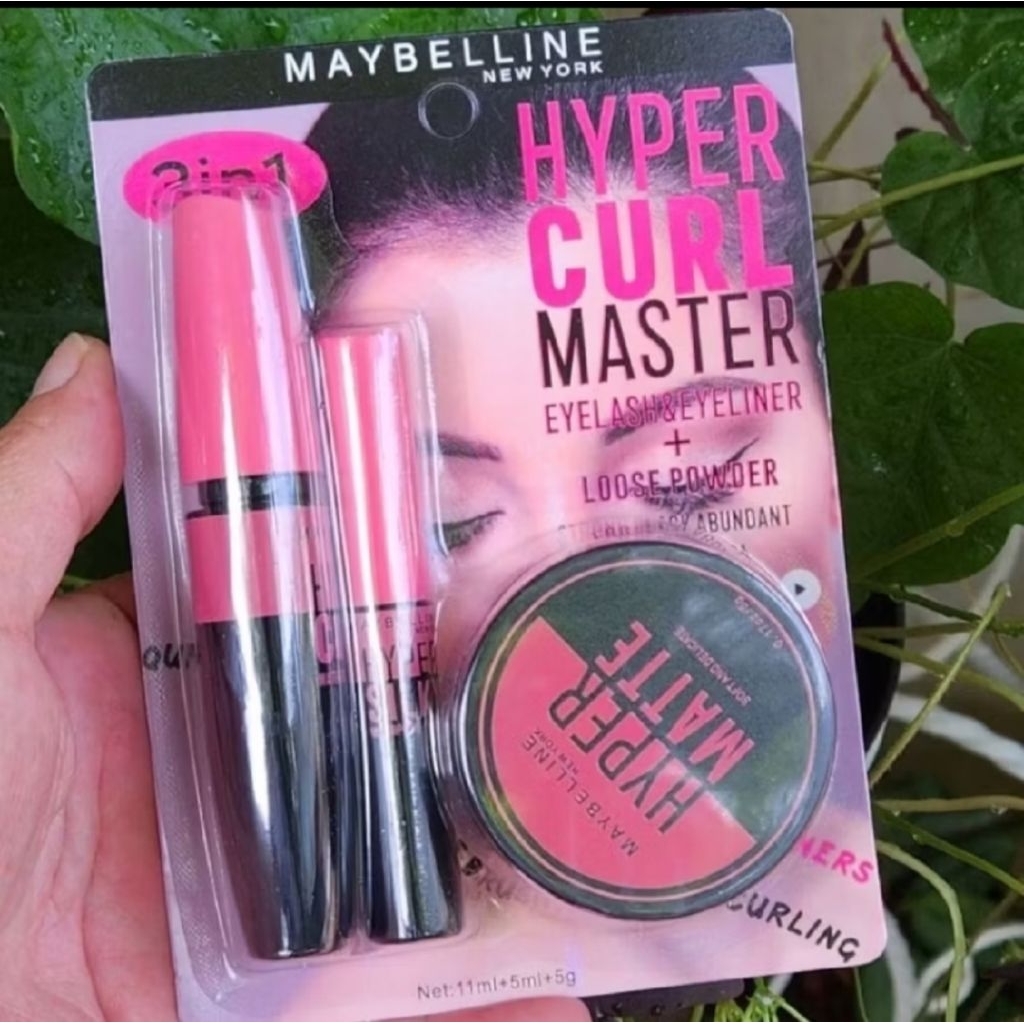 PROMO SET 3IN1 MAYBELLINE Hyper Curl Master(Eyeliner+Bedak+Maskara)