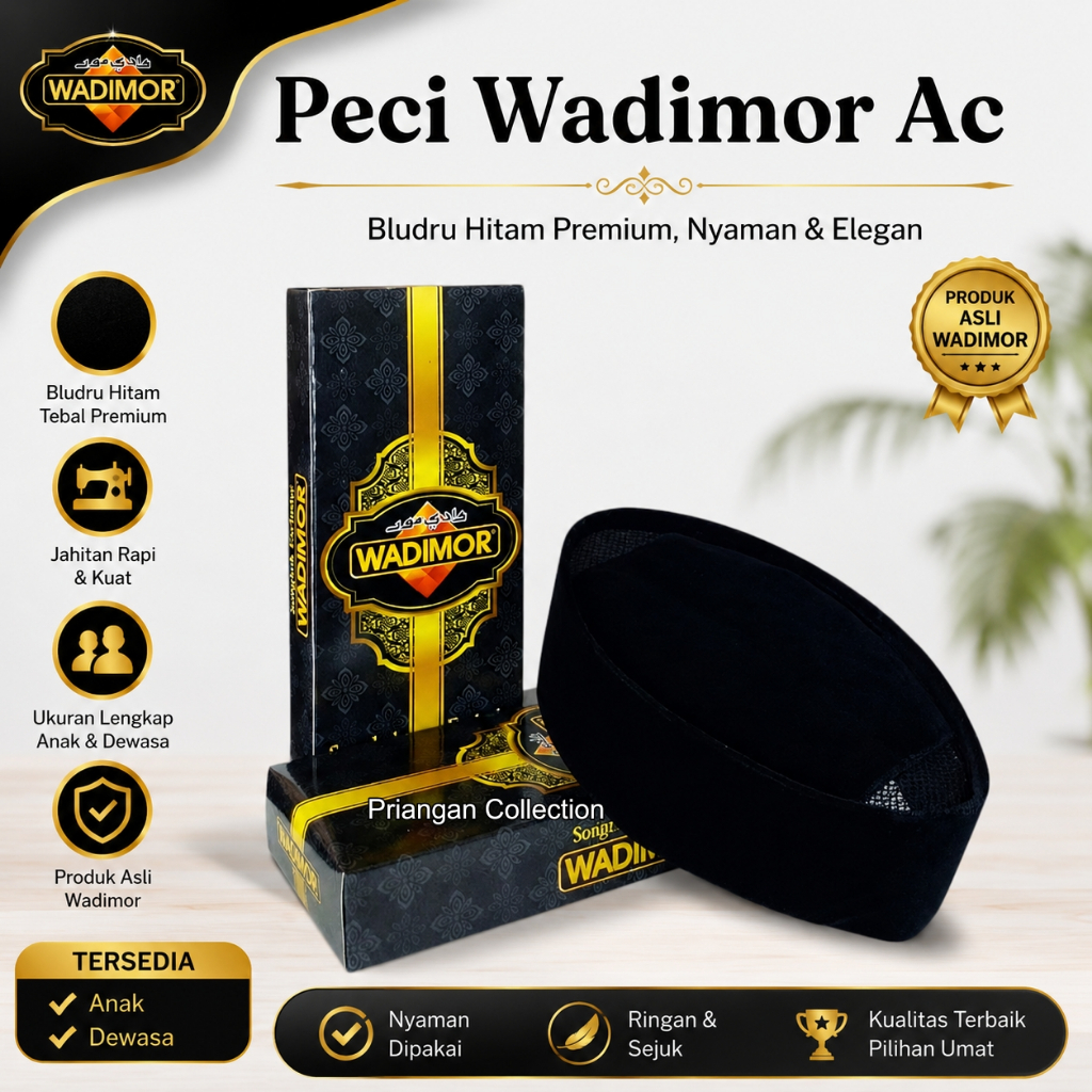 Songkok Wadimor Peci kupiah Pendek Ukuran Dewasa & Anak Tinggi 6-7-8 Cm Hitam Polos AC Peci Kopiah W