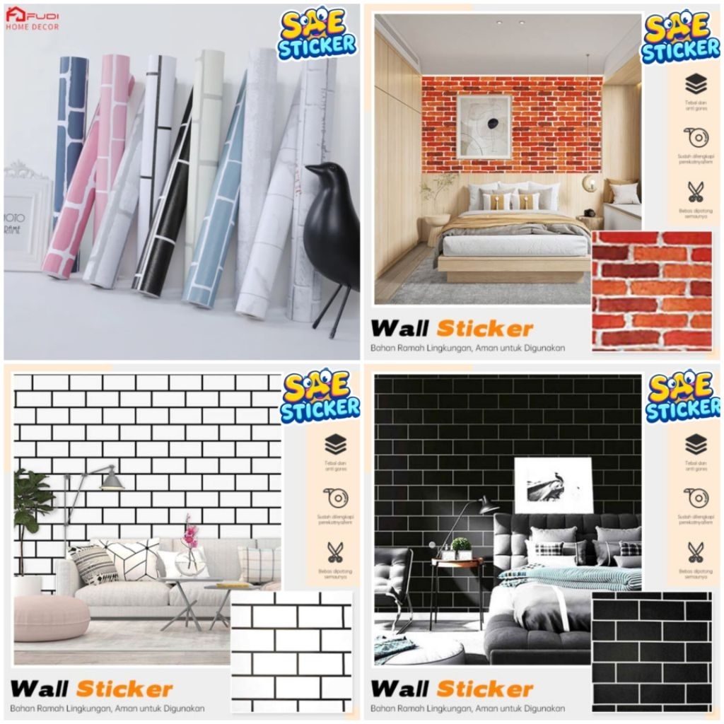 Wallpaper Sticker Dinding Motif Bata Abu Abu Putih Hitam Merah Anti Air Berperekat