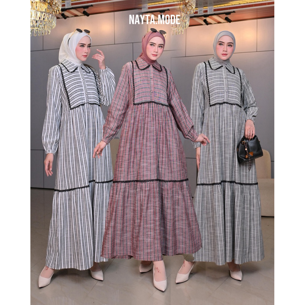 Nayta - Gamis Linen Salur Premium Wanita | Gamis Linen Motif Salur | Gamis Linen | Gamis Salur | Dre