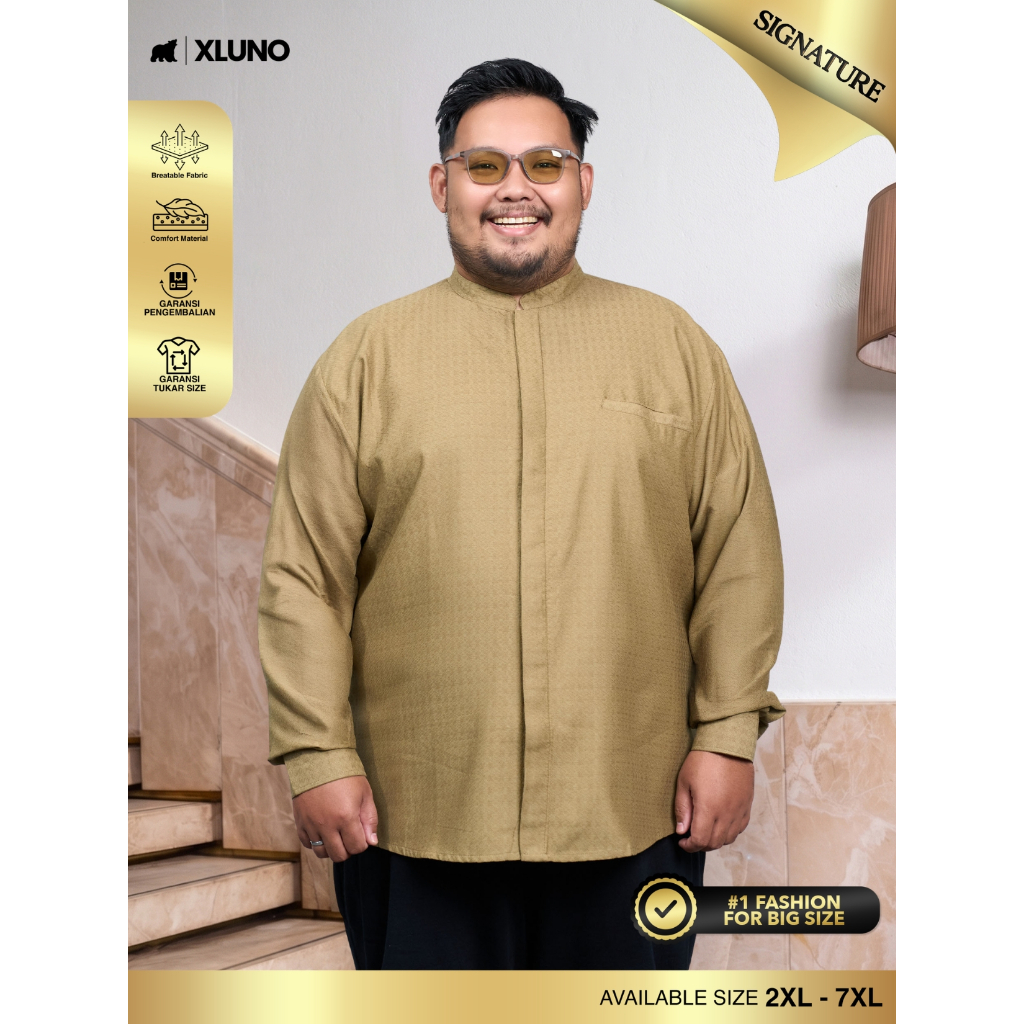 XLUNO Asad Olive Kemeja Koko Muslim Pria Jumbo Big Size Lengan Panjang