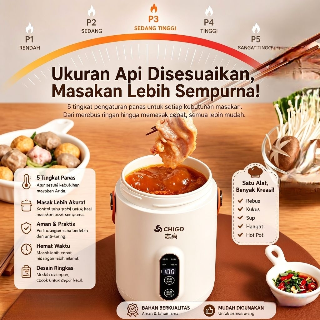 Panci Listrik Multifungsi CHIGO Stew Soup Mini Rice Cooker Multifungsi 900ml Bahan Anti Lengket Panc