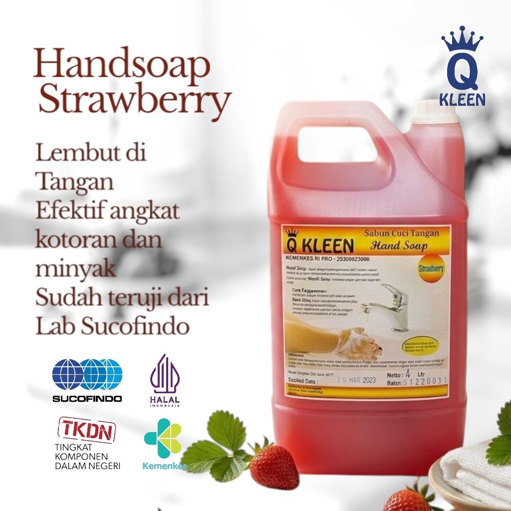 Q KLEEN Hand Soap STRAWBERRY 4L – Sabun Cuci Tangan Cair Wangi STRAWBERRY, Higienis & Lembut di Kuli