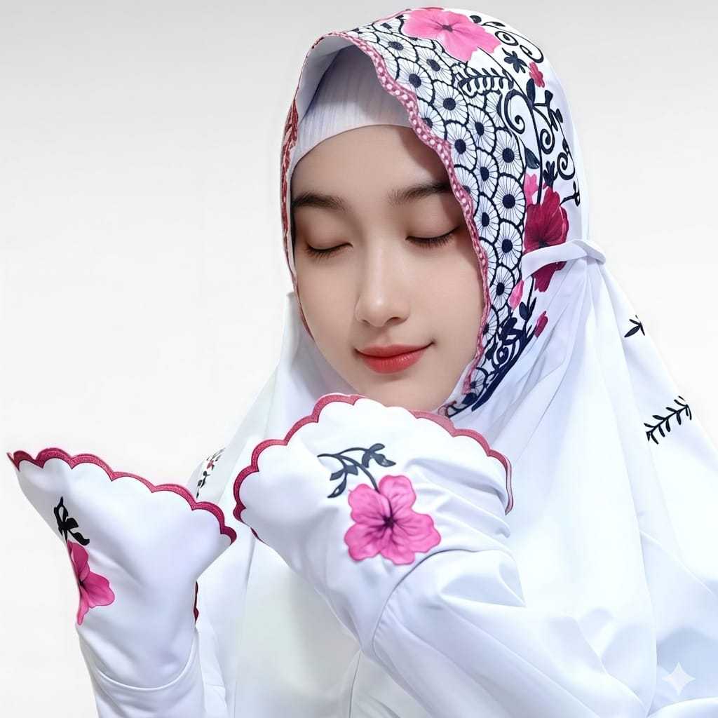 Mukena Terusan Bordir Bunga Sepatu | Katun Mikro Premium | Elegan & Mewah untuk Ibadah