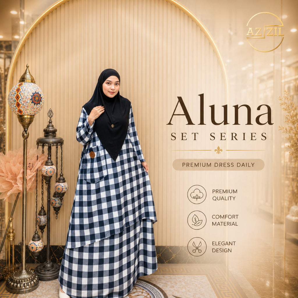 Azizil Fashion | Aluna Set Plus Hijab | Setelan Muslimah Kotak Kotak Premium Tunik Layer Rok Syar’i 