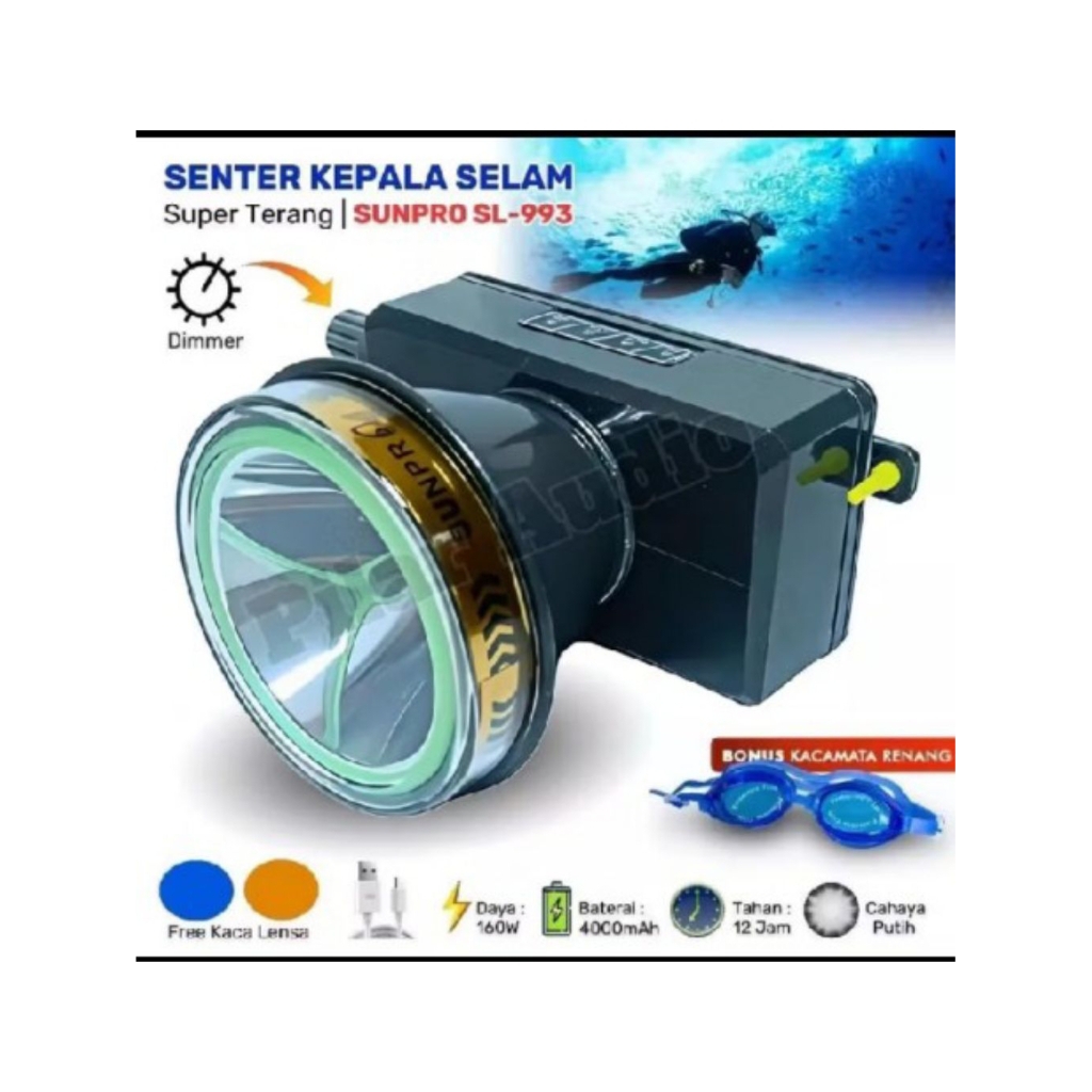 Senter Kepala Selam Diving 160W Sunpro SL-993 Cahaya Putih & Kuning Waterproof Super Terang Batre...