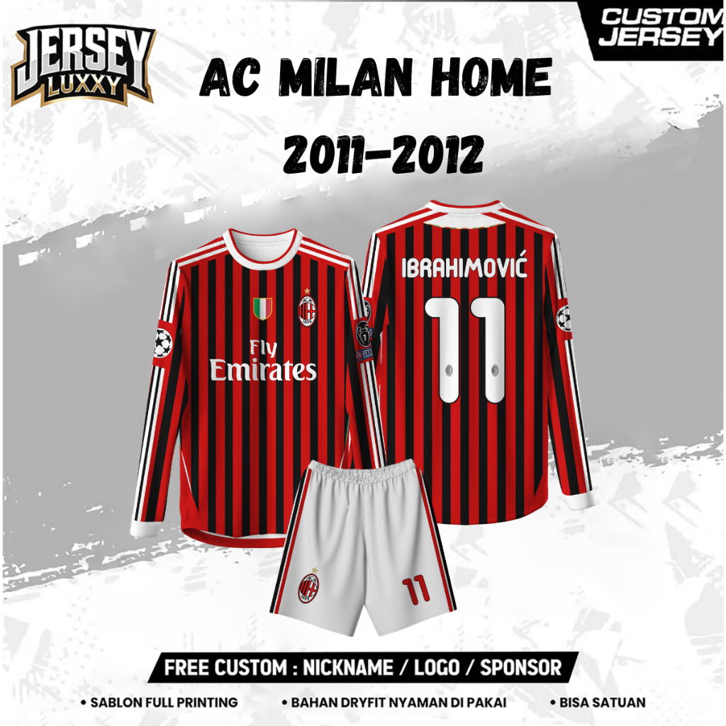 Jersey Bola AC MILAN HOME 2011-2012 Free custom nama dan nomor untuk dewasa dan anak anak Full Print
