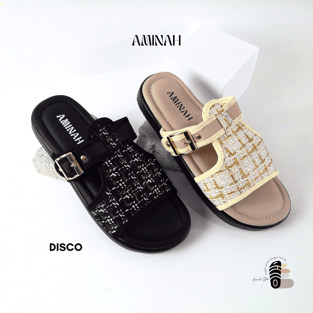 Aminah Disco Sandal Platform Wanita Tali Gesper Motif Rajut Trendy Flat Shoes