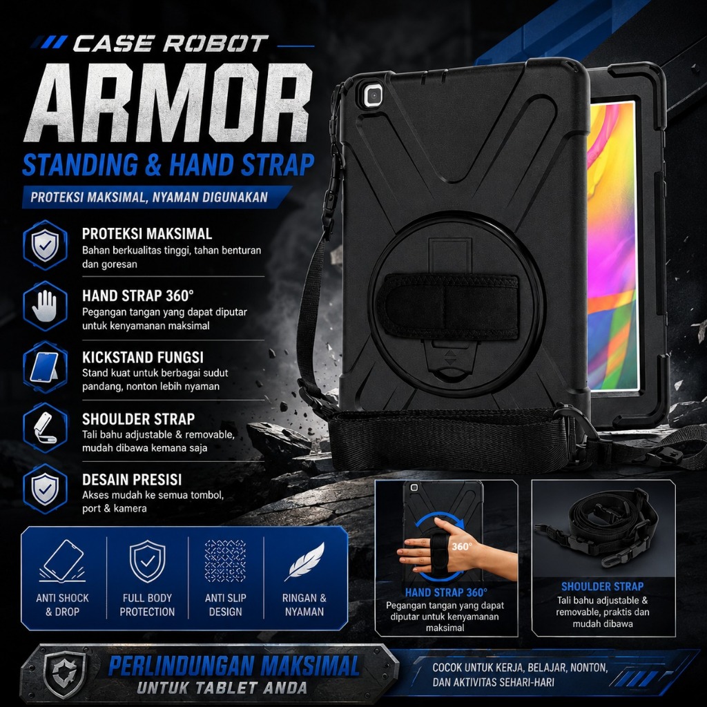 Case Samsung Tab A9 | A9+ | A11 | A11+ Case Robot Rugged  Armor Standing + Tali Case Robot
