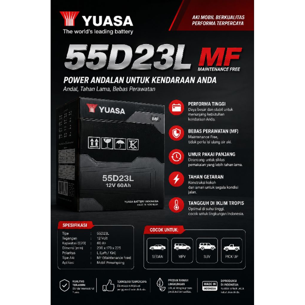 Accu Yuasa MF 55d23L 12v 60ah kering