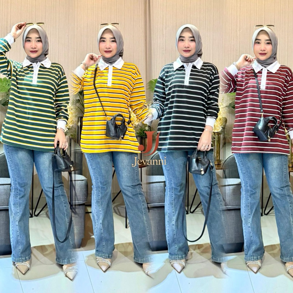 JEVANNI Kaos Polo Wanita Lengan Panjang Jevanni - cotton CVC, Motif Garis Stylish