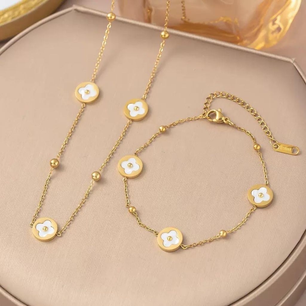 F2 kalung gelang bunga putih cantik titanium asli
