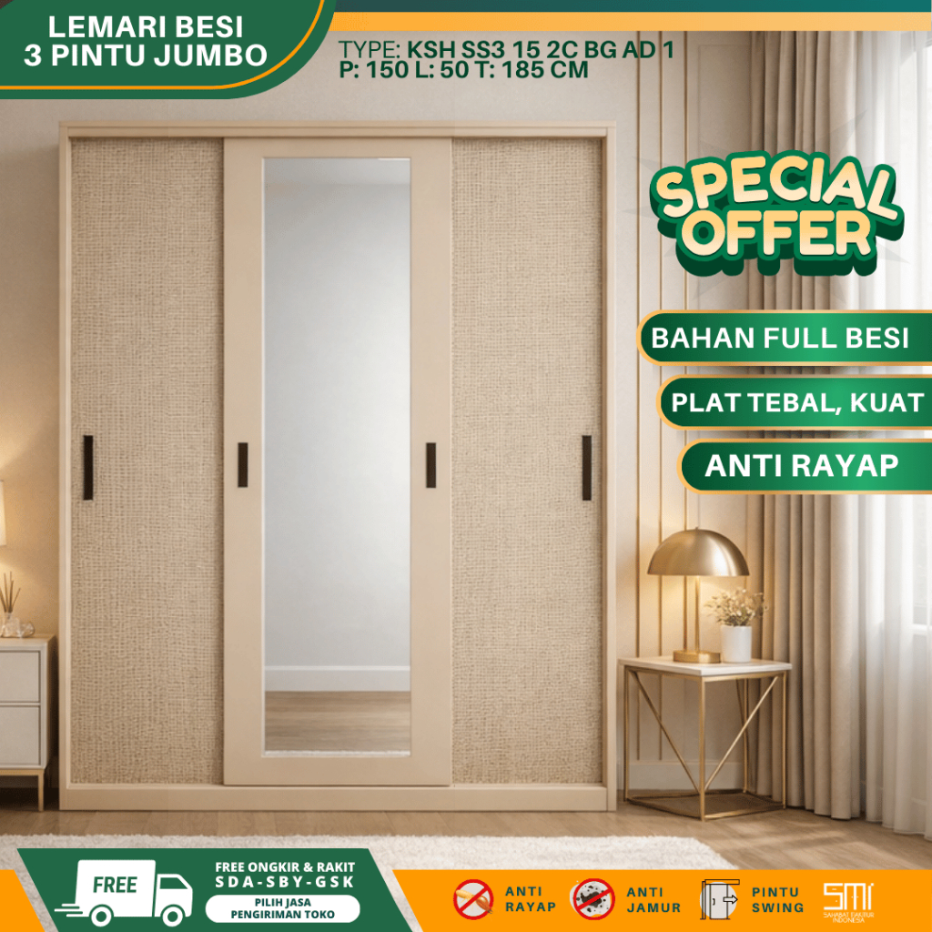 Lemari Besi Jumbo 150cm - Lemari Baju 2 Pintu Lemari Pakaian Sliding 3 Pintu Lemari Besi Almari Baju