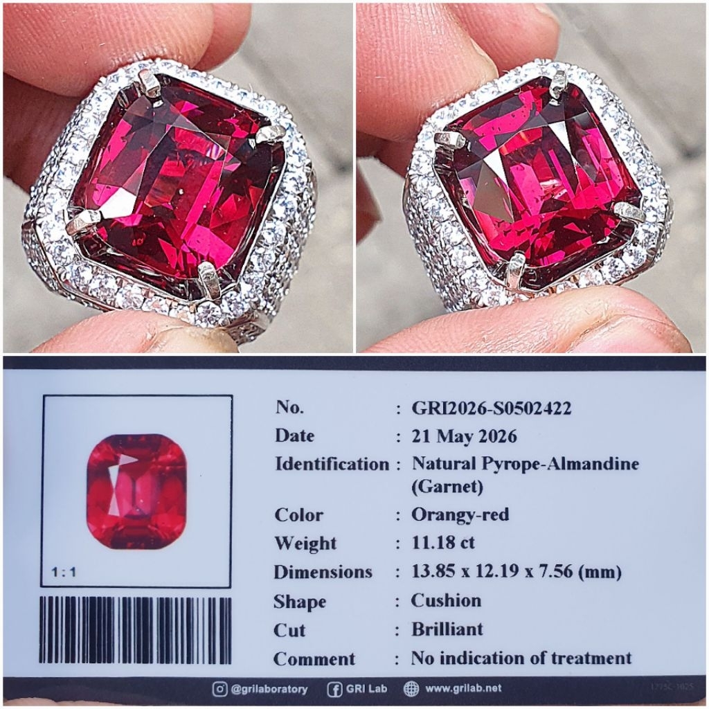 natural pyrope-Almandine Garnet 11.18ct Srilanka memo GRI Cincin perak handmade tebal