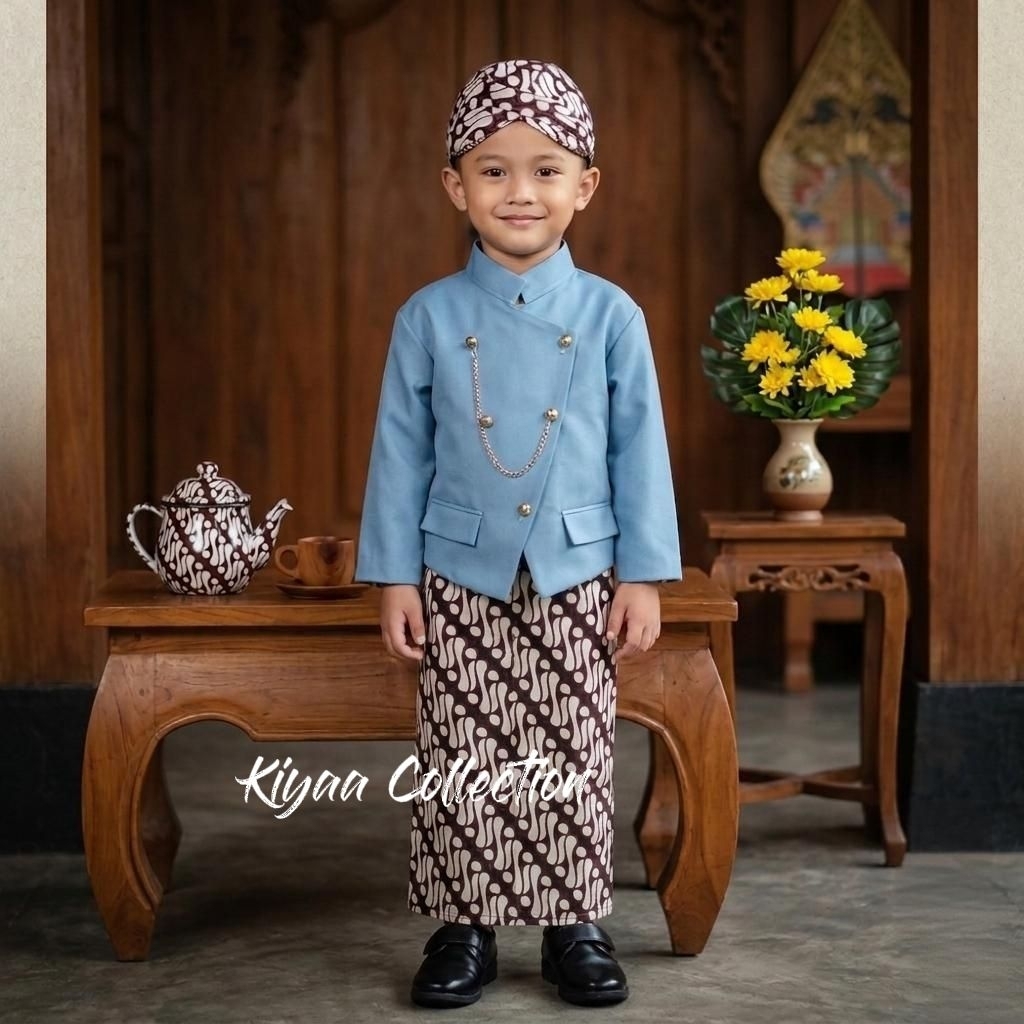 Baju Beskap Anak Full Set Celana Sarung Batik Putih Blangkon Kondangan Sunatan Wisuda