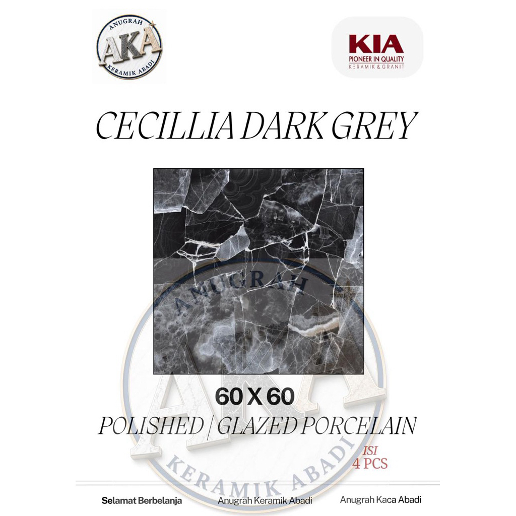 Granit Lantai / KIA Prima / Granit Mevvah / Motif Marble Hitam / Cecillia Dark Grey / Polishes / Gla