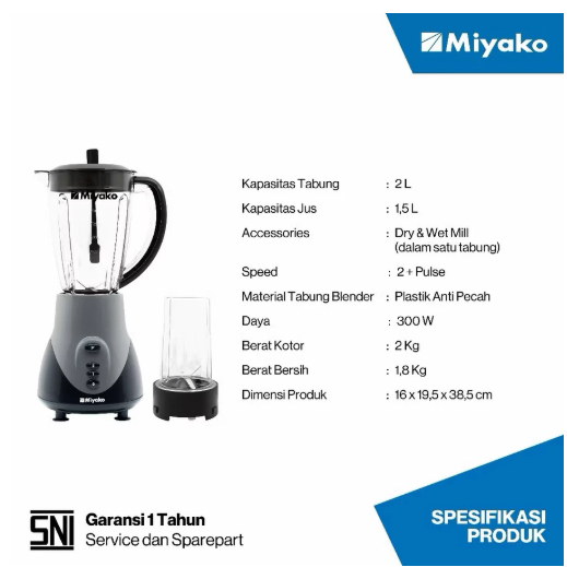 Blender Pelumat Blender MIYAKO BL 221 WD AP Kapasitas 2Liter, Blender pelumat bumbu basah dan kering