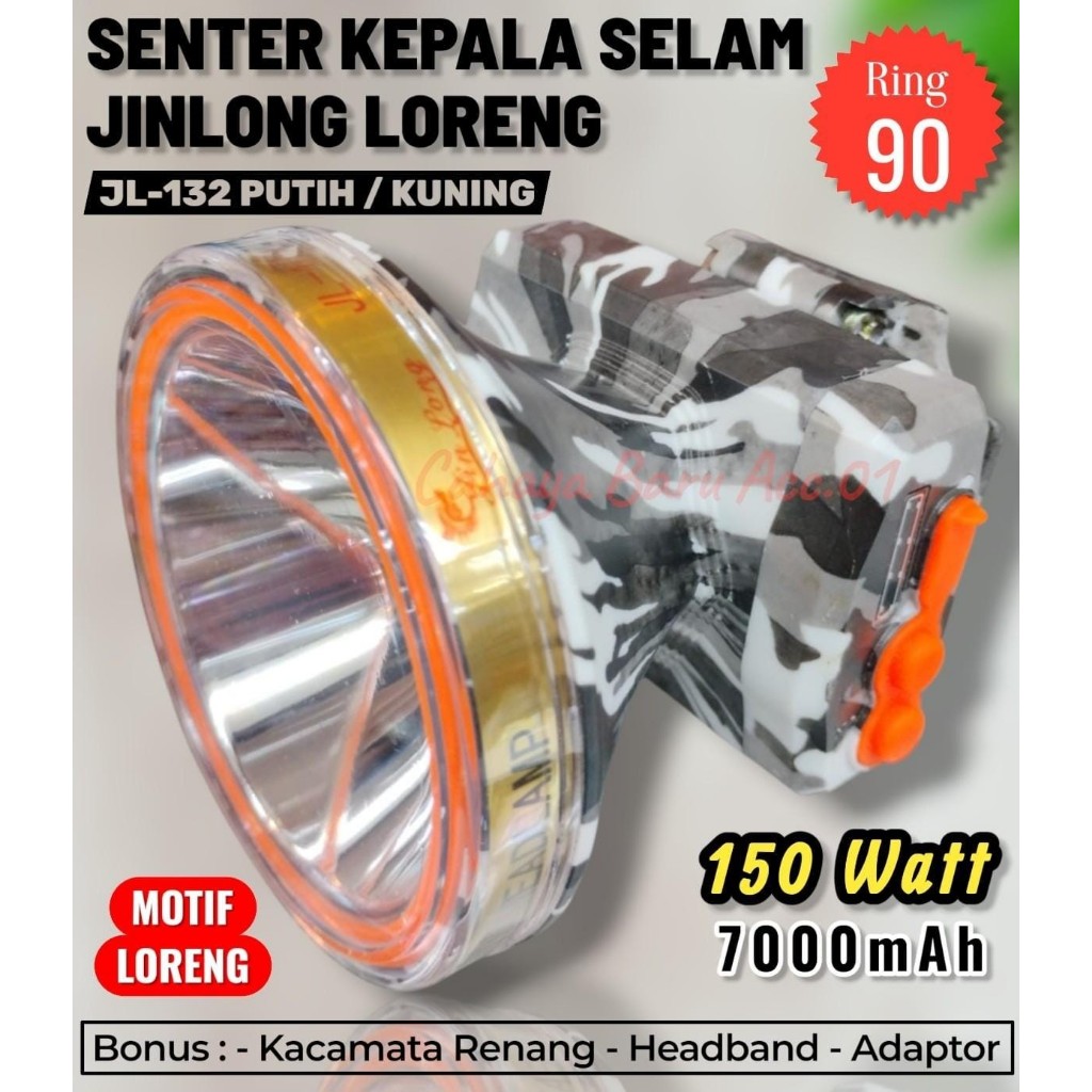 JINLONG Senter Kepala Loreng Selam JL-132L 150W Cahaya Putih Body Loreng Baterai 7000mAh Bonus Kacam