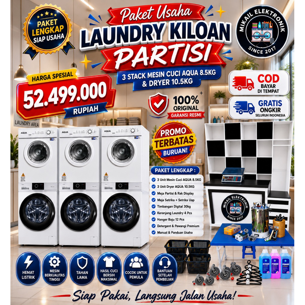 PAKET LAUNDRY KILOAN PEMULA PARTISI 3 SET MESIN CUCI AQUA DRYER DIAMANTE