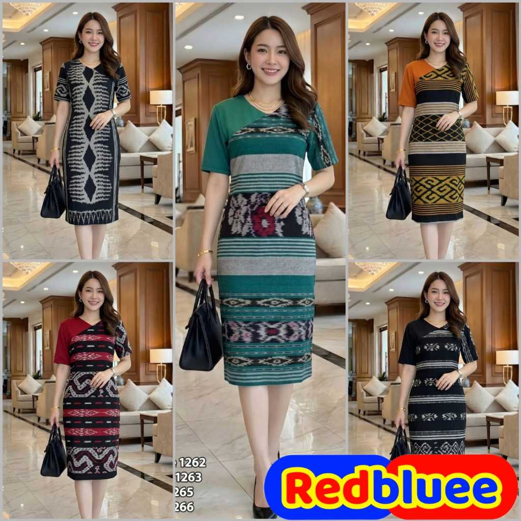 Redbluee Midi Dress Scuba Bahan Tenun Etnik Premium Motif Ulos Rb 1262 Lqs [Bisa Seragam]
