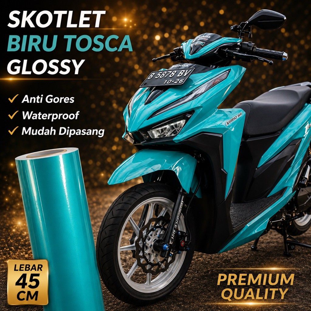 Skotlet Biru Tosca Glossy Lebar 45cm Sticker Motor Mobil Premium Anti Gores Waterproof