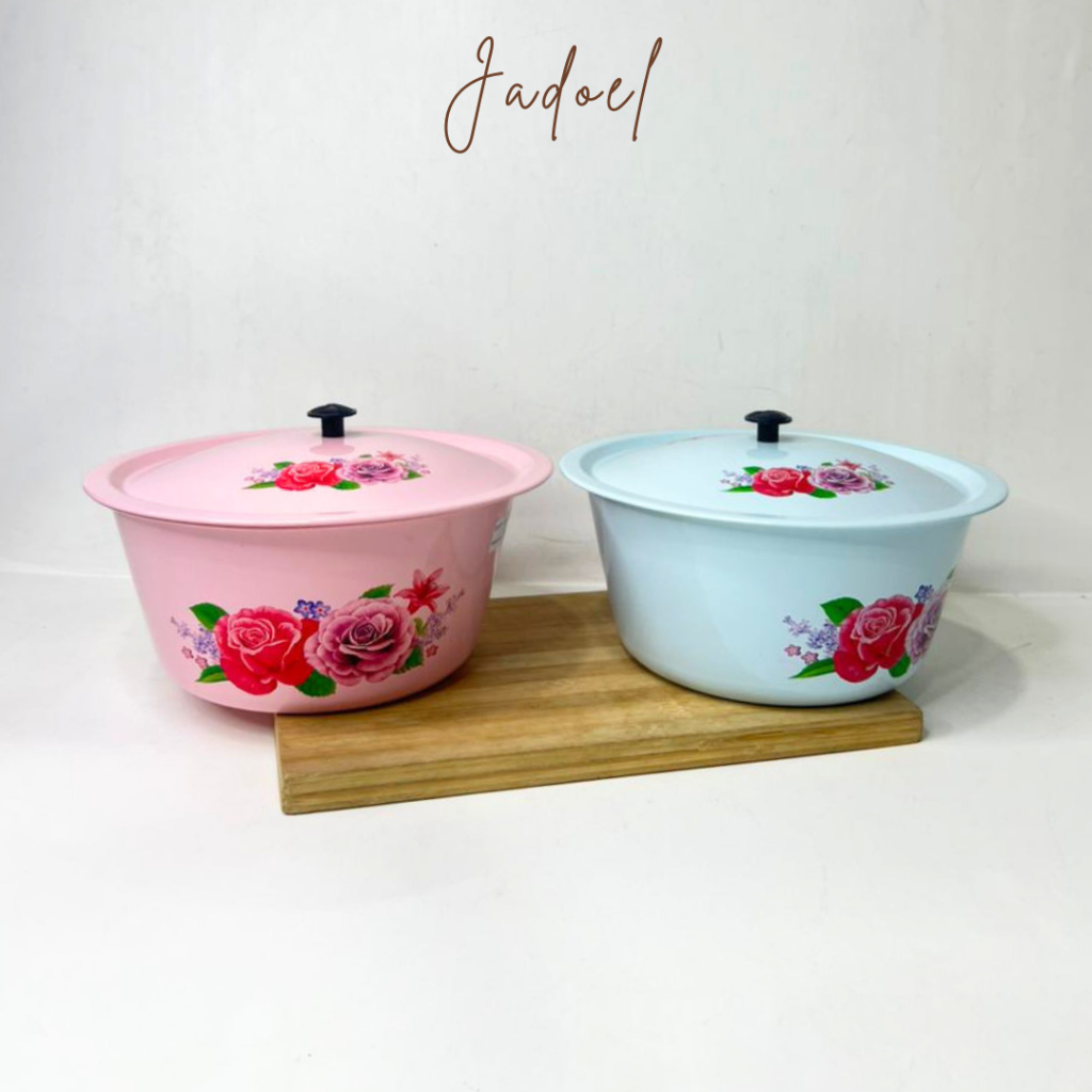 Baskom Tutup Seng Kembang Warna / Baskom Tutup Enamel Motif Kembang Biru & Pink Wadah Lauk Serbaguna