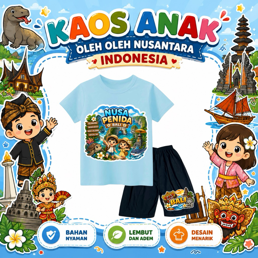 setelan kaos anak unisex dapat celana kaos oleh oleh souvenir khas nusa penida bali