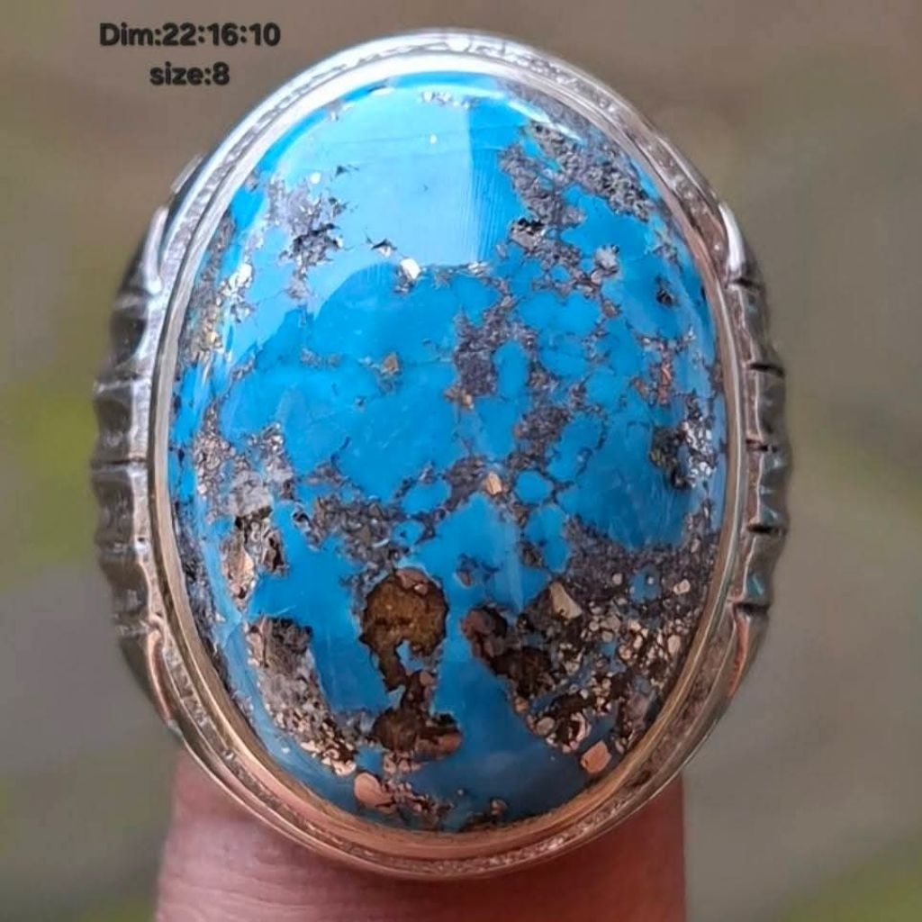 Cincin Pirus Persia Biru Mewah Super Quality - Serat Badar Emas Antik