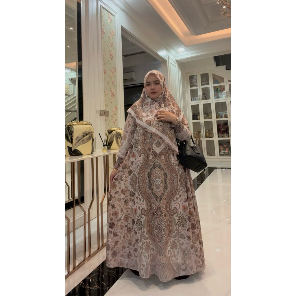Gamis Hijab Voal Printing Ivory by Eldeena