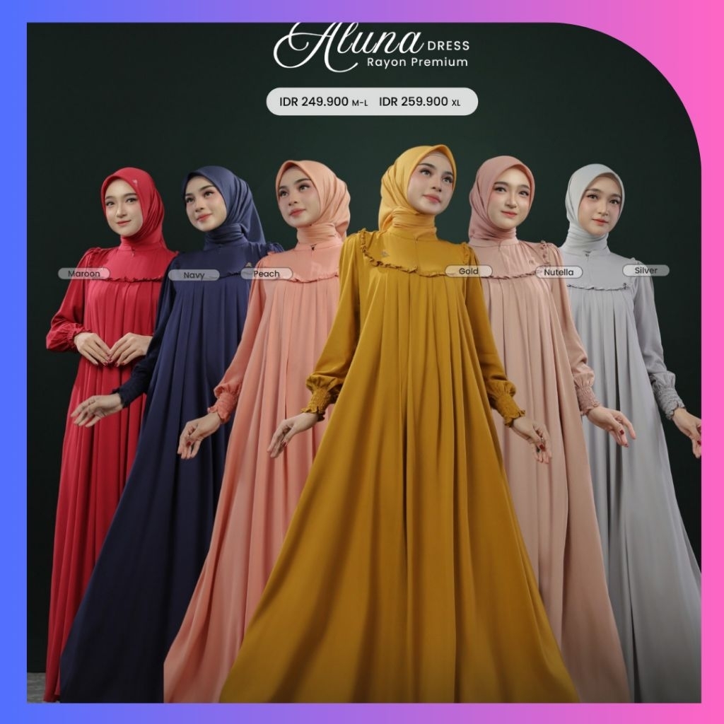 ALUNA DRESS BY HIJAB ARRAFI ~ Baju Gamis Polos Simple Dengan Bahan Rayon Premium