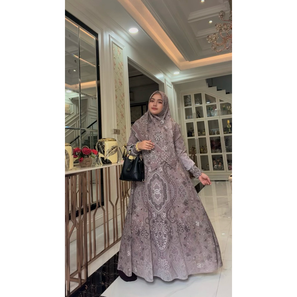 Gamis Hijab Voal Printing Mocca by Eldeena syari