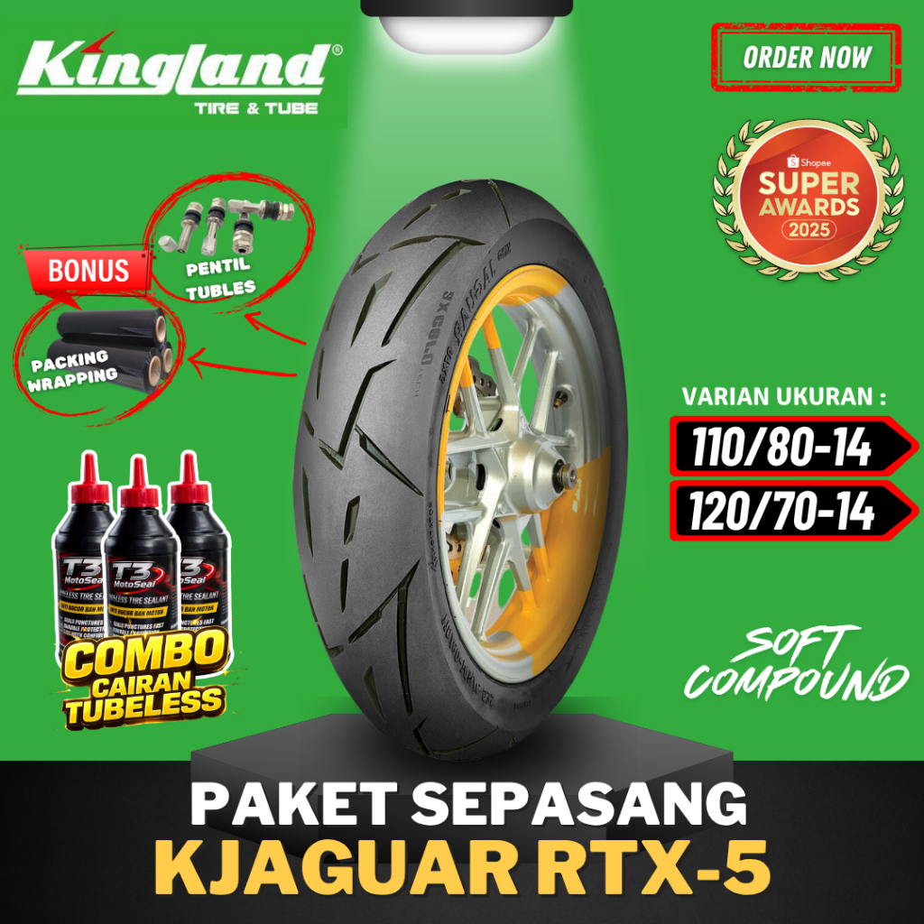 [PAKET SEPASANG] BAN KINGLAND PREMIUM KJ RTX5 RING 14 ( 110/80-14 / 120/70-14 ) TUBELESS SOFT COMPOU