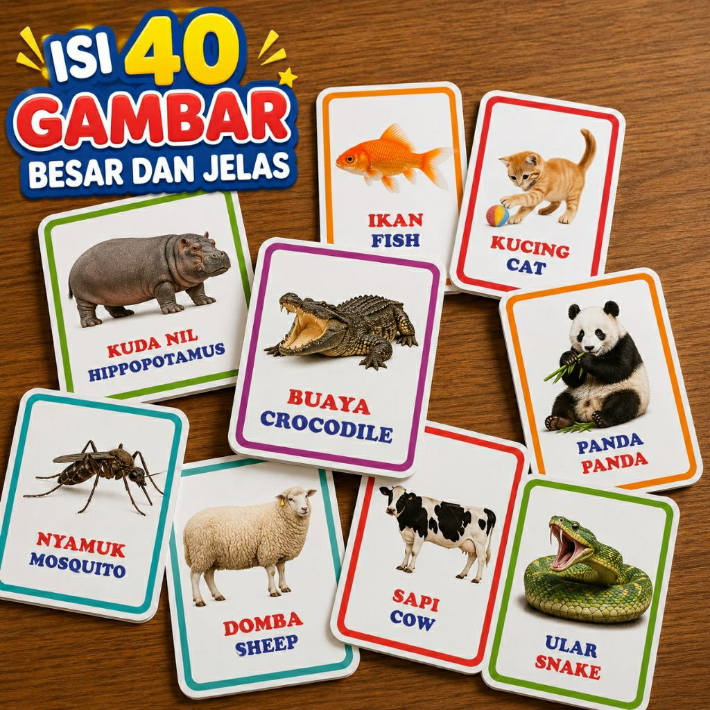 Flashcard Kartu Nama Hewan Bahasa Inggris Belajar Anak