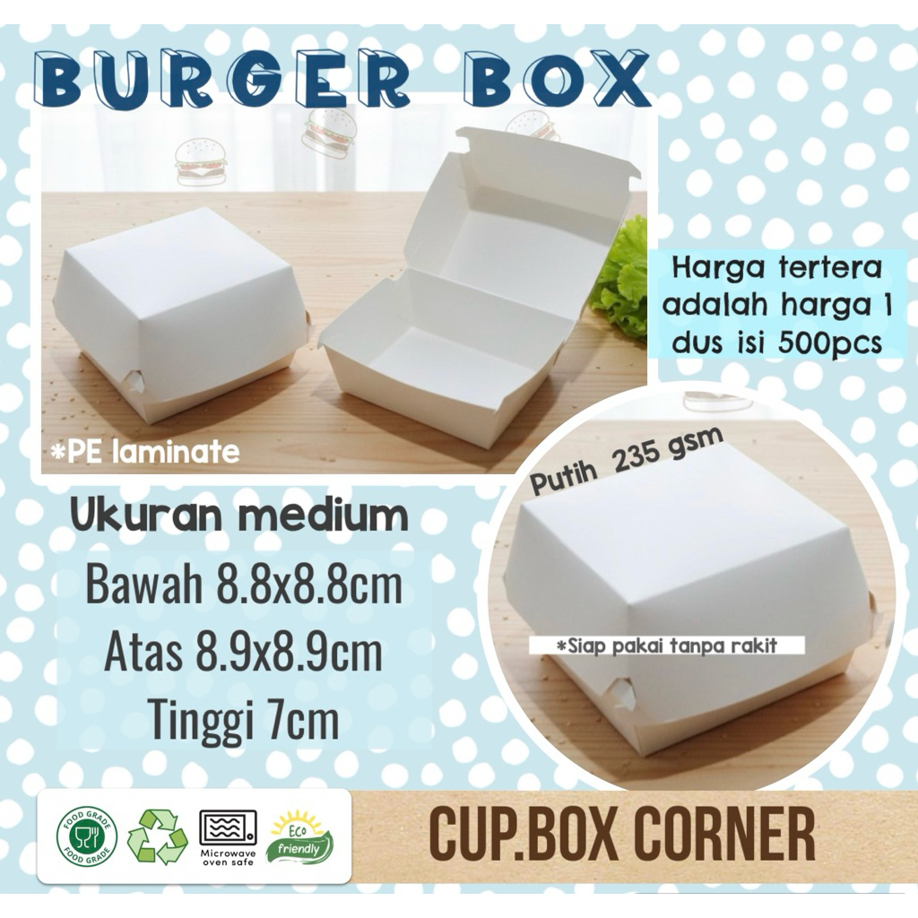 BURGER BOX PUTIH SNACK BOX kotak kertas burger/snack sandwich makanan FOODGRADE siap pakai tanpa rak