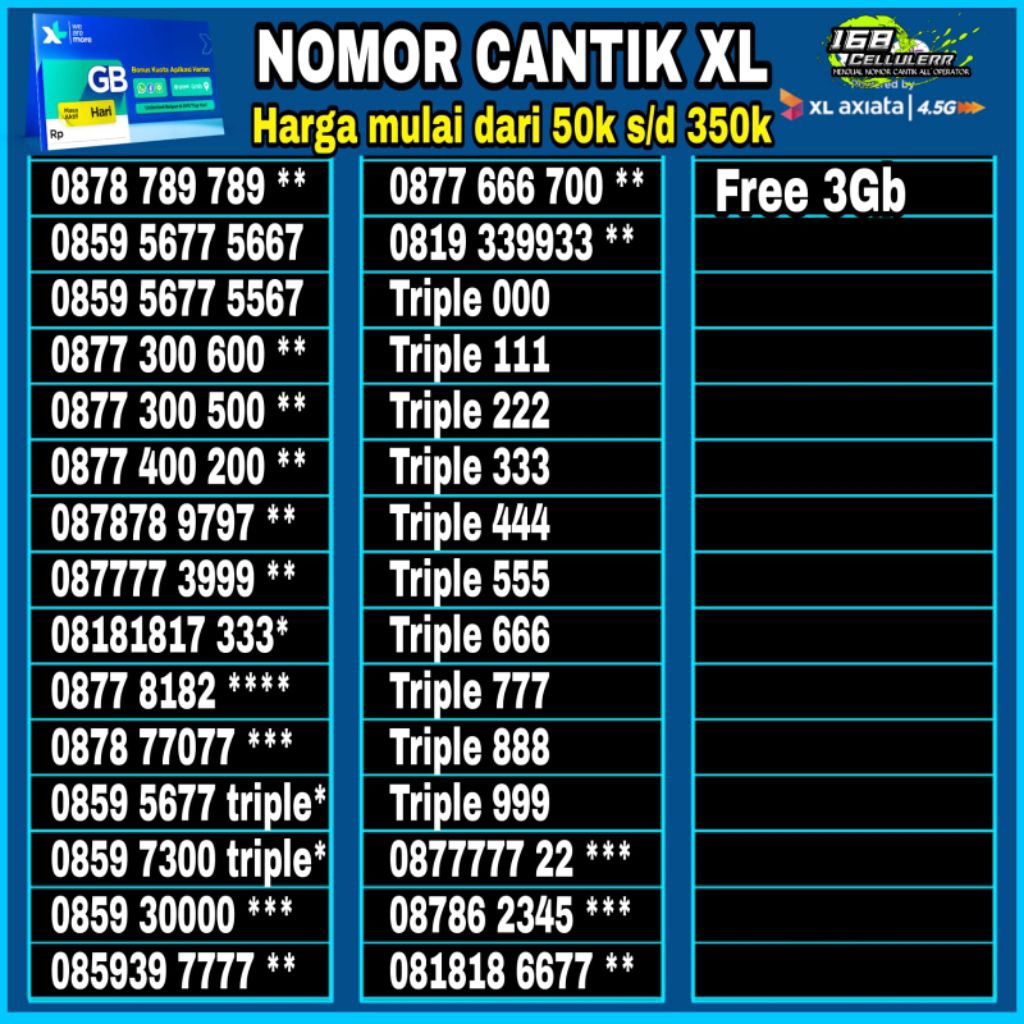 nomor cantik XL axiata panca 77777 support 5G free 3Gb