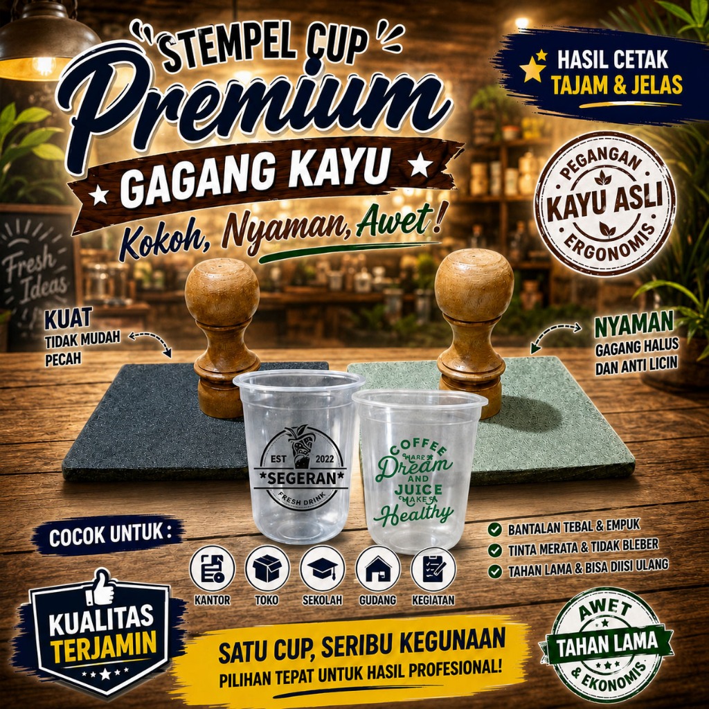 Stempel Cup Gelas Plastik Stempel Cup Plastik Tinta Permanen gagang kayu