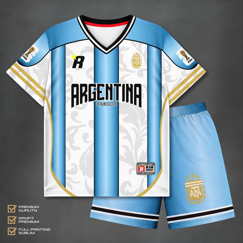 Setelan Jersey Argentina Anak Premium Dryfit Jersey Bola Full Printing Sporty