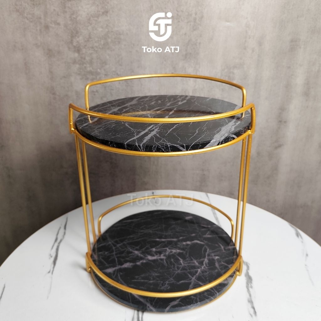 Rak Susun 2 Bulat Warna Gold Motif Marmer
