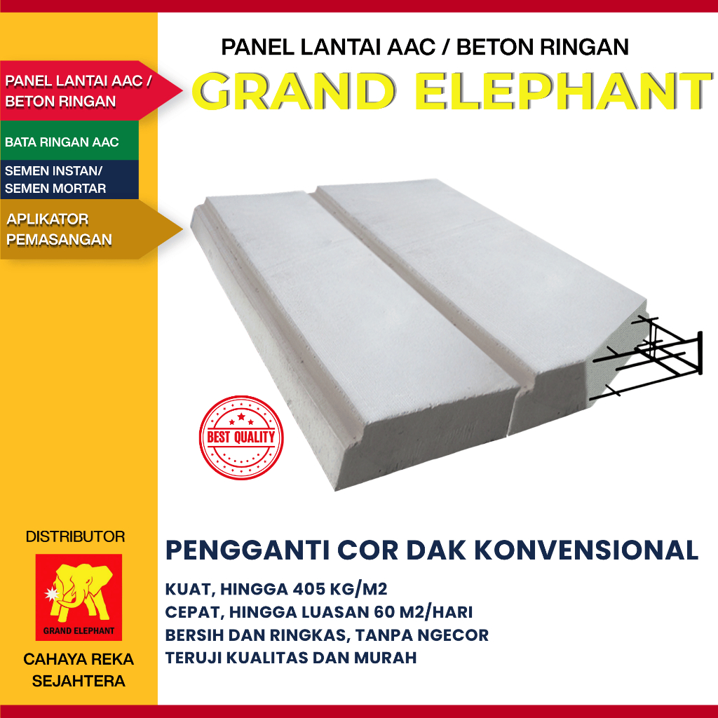 Panel Lantai AAC Beton Ringan Grand Elephant Kuat, Ringan, Hemat, Berkualitas, Tanpa Ngecor | Harga 